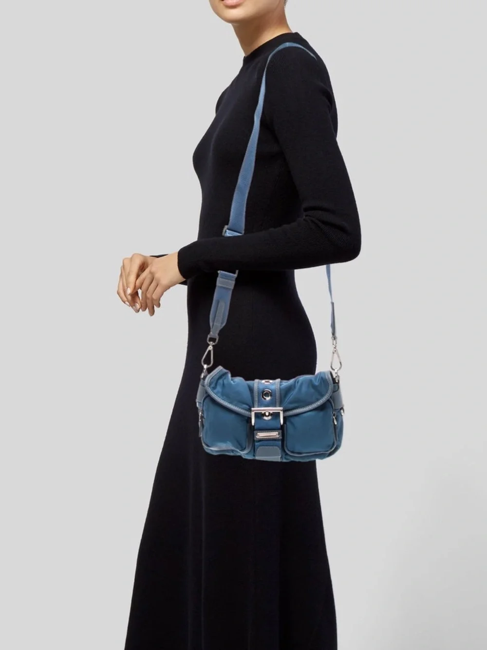 Prada Teal-Blue Nylon Shoulder Bag with Buckle Strap - Picture 2 of 7